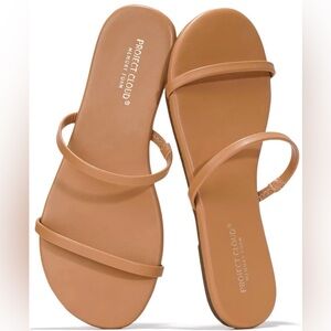 NWT Project Cloud Tan Memory Foam Faux Leather Thin Strap Slides Sandals 11